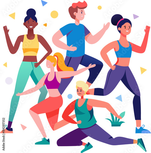 Flat vector illustration of diverse people doing aerobics together, teamwork in fitness, white background.