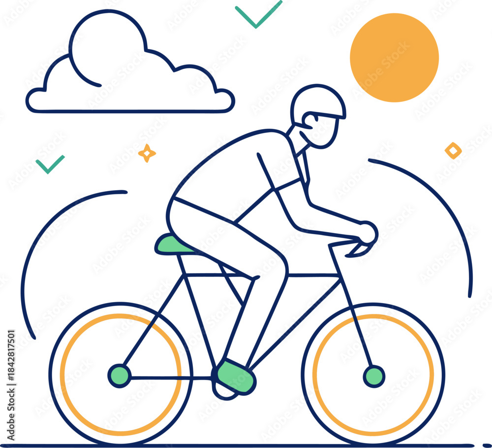 Obraz premium Minimalist line art vector of a person cycling outdoors on a sunny day, representing cardio and exercise, white background.