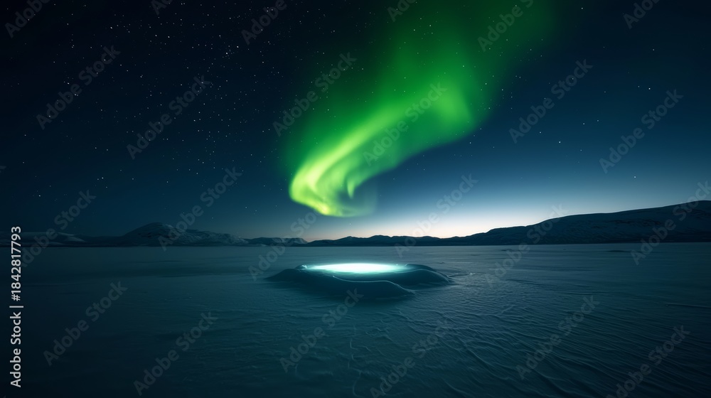 Naklejka premium Aurora borealis dancing over frozen lake iceland stunning night sky serene landscape ethereal beauty natural wonder