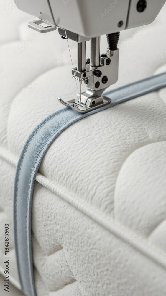 Naklejka premium Close-up of industrial sewing machine stitching fabric handle onto white mattress. Vertical photo of manufacturing process in furniture factory. Bedding production and textile craftsmanship concept