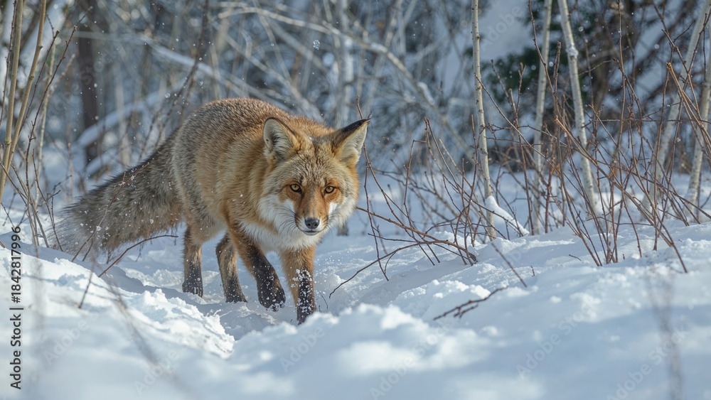 Fototapeta premium A wolf walking in snow-covered forest during winter.