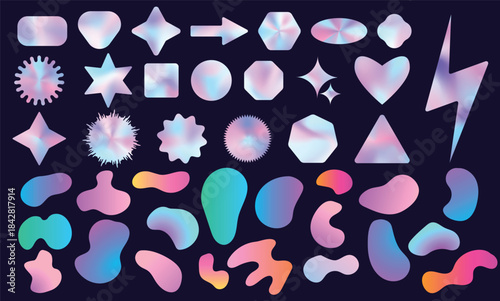 Vibrant gradient abstract shapes collection featuring geometric forms, blobs, stars, hearts, and dynamic elements. Modern holographic and neon color effects perfect for branding, posters, digital art,