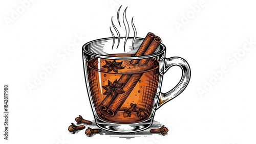 Warm Embrace in a Mug: A steaming mug of spiced tea, filled with aromatic cinnamon sticks, cloves, and star anise, evokes feelings of warmth and comfort. Perfect for cozy evenings.