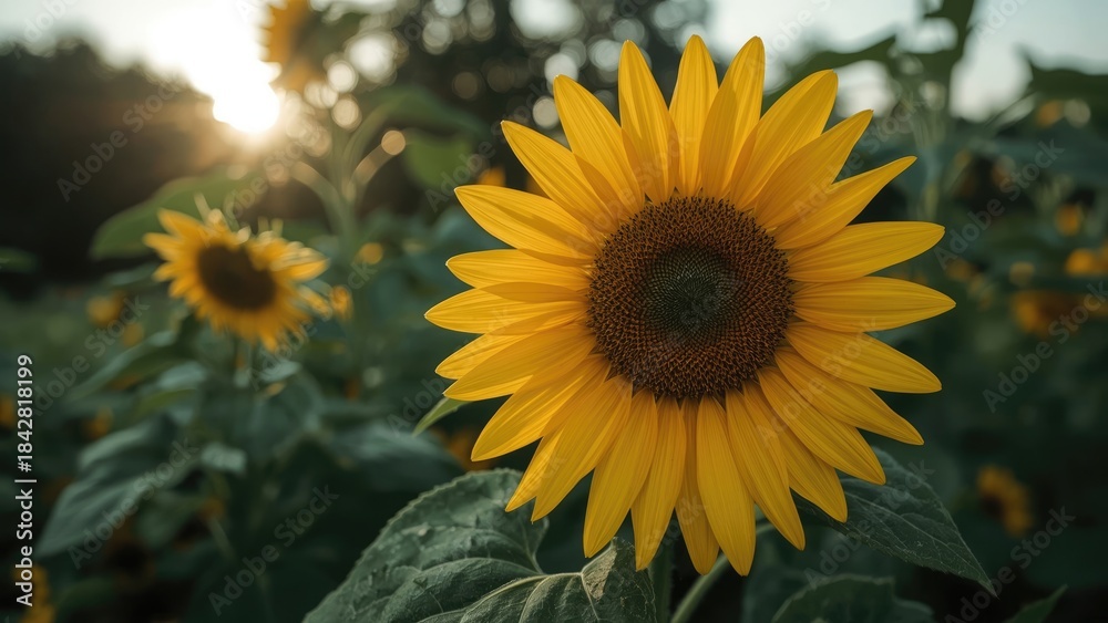 Obraz premium Sunflower in bloom during sunset with vibrant yellow petals and green leaves. Nature and floral scene. The beauty of summer and garden flowers.