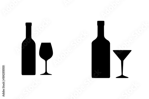 Isolated black silhouette wine and martini bottles with glasses