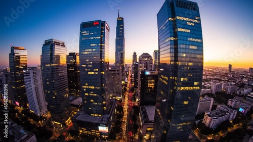 Hyperlapse aerial shot massive urban skyscraper sunset twilight view