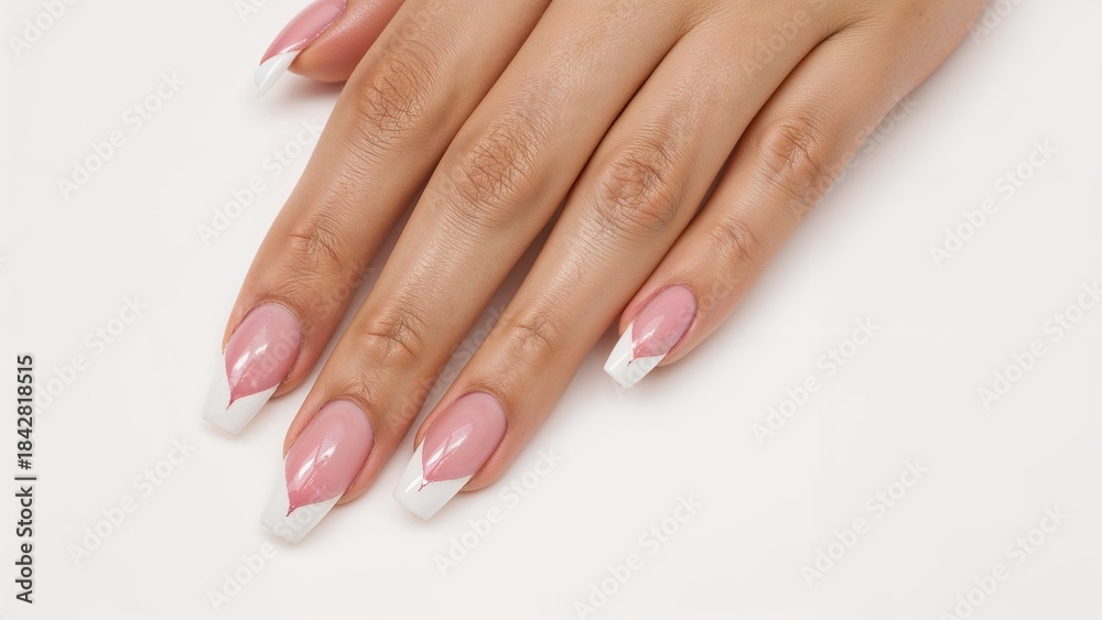 Fototapeta premium Hand with manicured nails showing pink base and white tips. Beauty and fashion, nail art. Manicure and grooming. The concept of nail care and aesthetics.