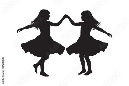 Happy Twin Girls Dancing Skirts Swirling Silhouette