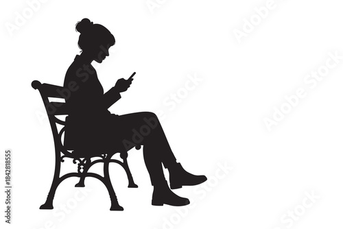 Woman Sitting on Park Bench Using Smartphone Silhouette