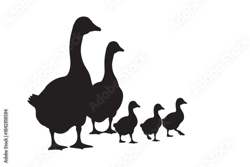 Mother Goose and Goslings Family Silhouette Vector