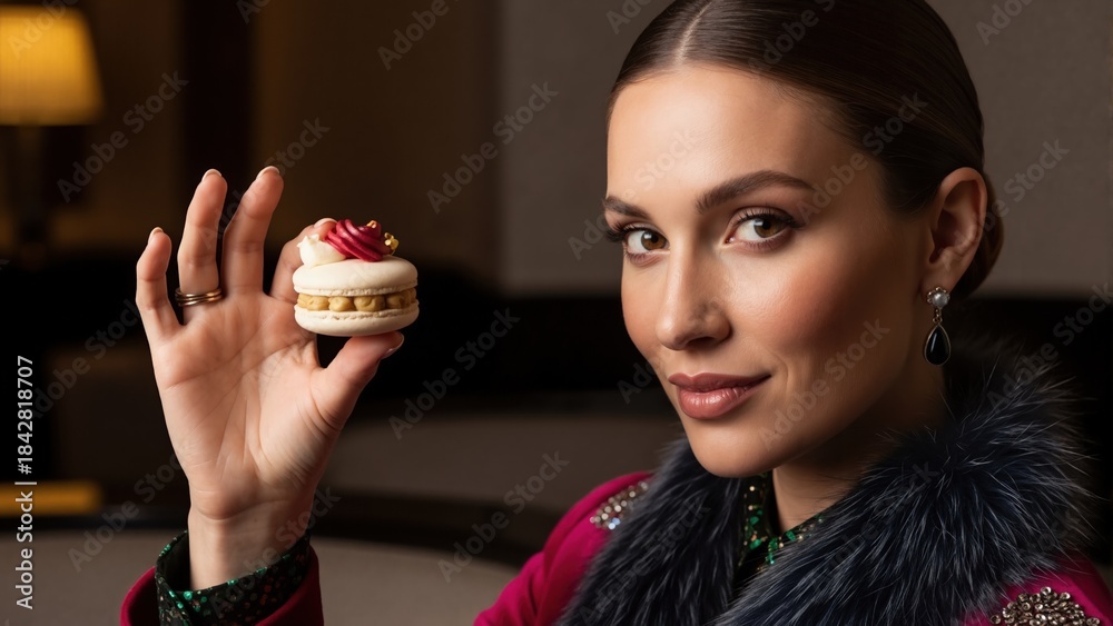 Naklejka premium Elegant woman holding gourmet macaron dessert. Stylish female model in magenta coat enjoying luxury sweet treat. Fine dining and confectionery concept