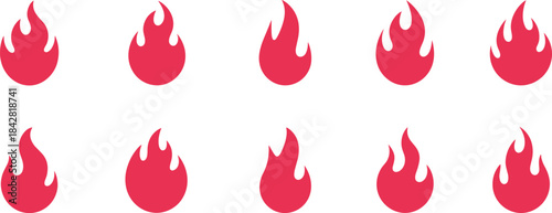 Collection of fire flame icons showing burning symbols, hot energy shapes, heat graphics, and bright red illustrations