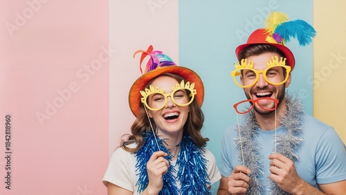 Happy young couple has fun with party props in photo booth. Cheerful man and woman smile in costumes and novelty glasses against colorful background with copy space