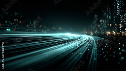 A Stunning View of Streaming Light Trails Across a Digital Landscape Filled with Glowing Particles and Data Points