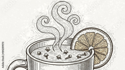 Warm beverage art: An inviting depiction of a steaming cup of beverage. Enhanced by the subtle infusion of cloves, garnished with a slice of orange for added freshness.