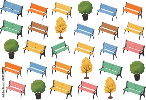 Isometric park benches and trees collection showing colorful outdoor seating, landscape elements, urban furniture, and decorative design