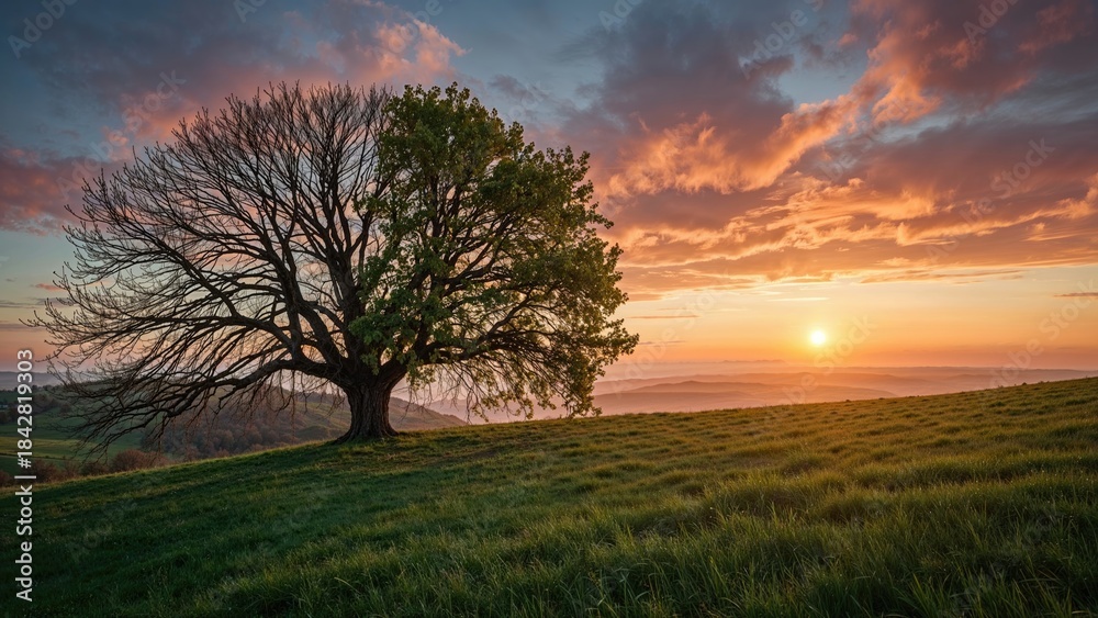 Fototapeta premium A large tree with both bare and leafy branches during sunset over a grassy field.