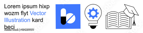 Education, innovation, healthcare, pharmaceutical study, academic research, and problem-solving. Pill graphic, lightbulb with gear and book with graduation cap. Education and innovation concept