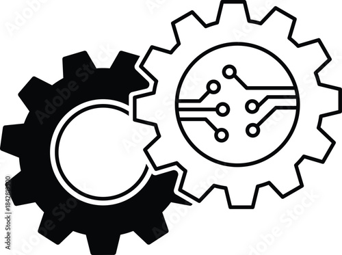 Black and white interlocking gears with circuit board pattern technology engineering