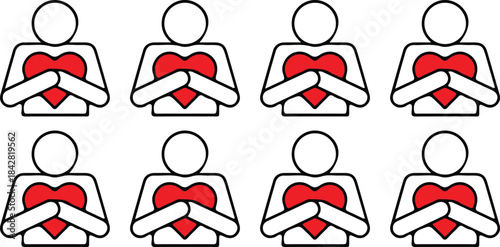 8 black line self care red heart icons set vector design illustration