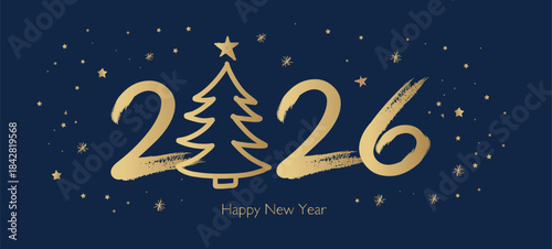 Happy New Year 2026 Greeting Card with Golden Brush Strokes