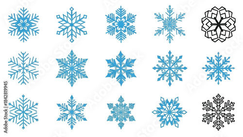 Graphic illustrations of various snowflakes displayed on a white surface