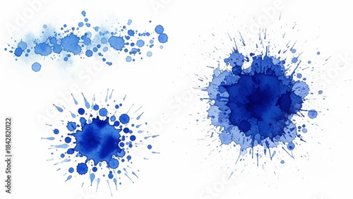 Blue watercolor paint splatters and ink splashes on a white background, creating abstract artistic textures.