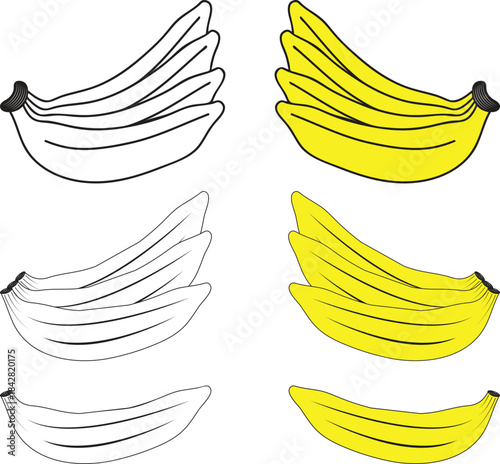 Black and white outline and yellow colorized bananas