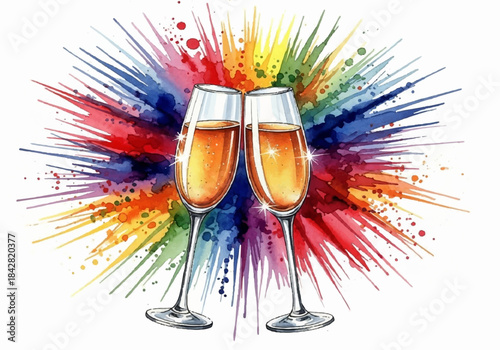 Two champagne flutes clinking in front of a vibrant, colorful watercolor splash, celebrating a festive occasion.
