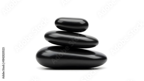 Three smooth black polished spa stones stacked in a balanced pyramid on a pure white background.