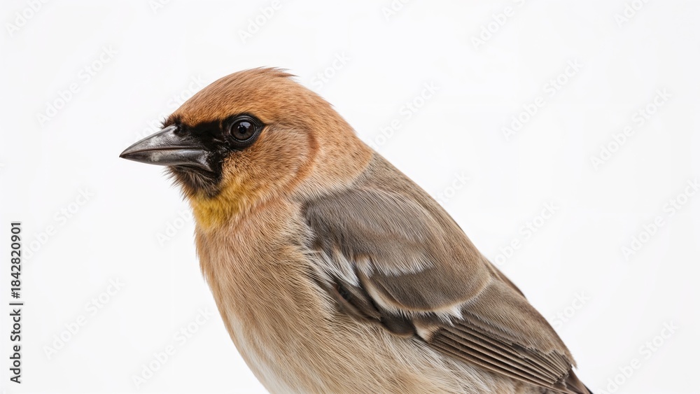 Fototapeta premium Bird species close-up with brown and yellow plumage, detailed feathers, and a black beak. Wildlife and nature photography. The concept of avian and bird observation.