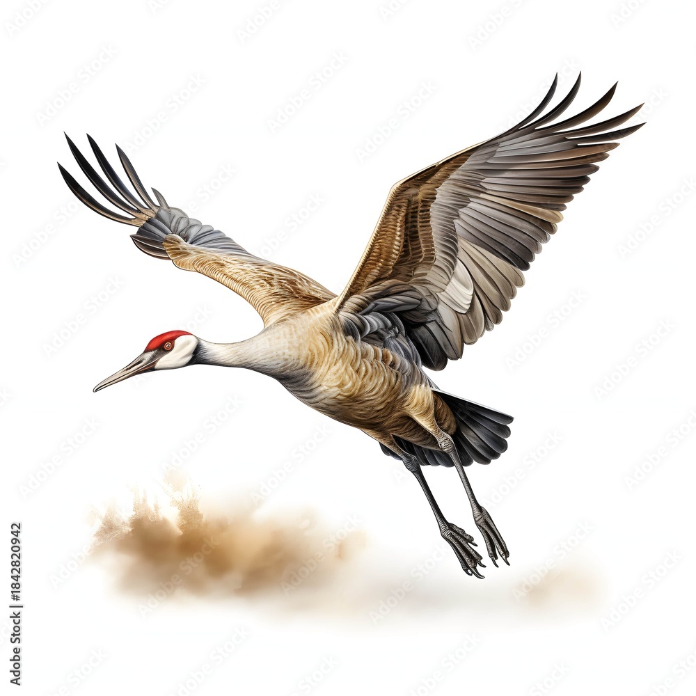 Obraz premium Sandhill crane gracefully flies through the air with a cloud of dust beneath it