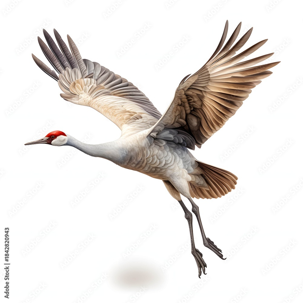 Fototapeta premium Sandhill crane gracefully soars through the air with its wings spread wide