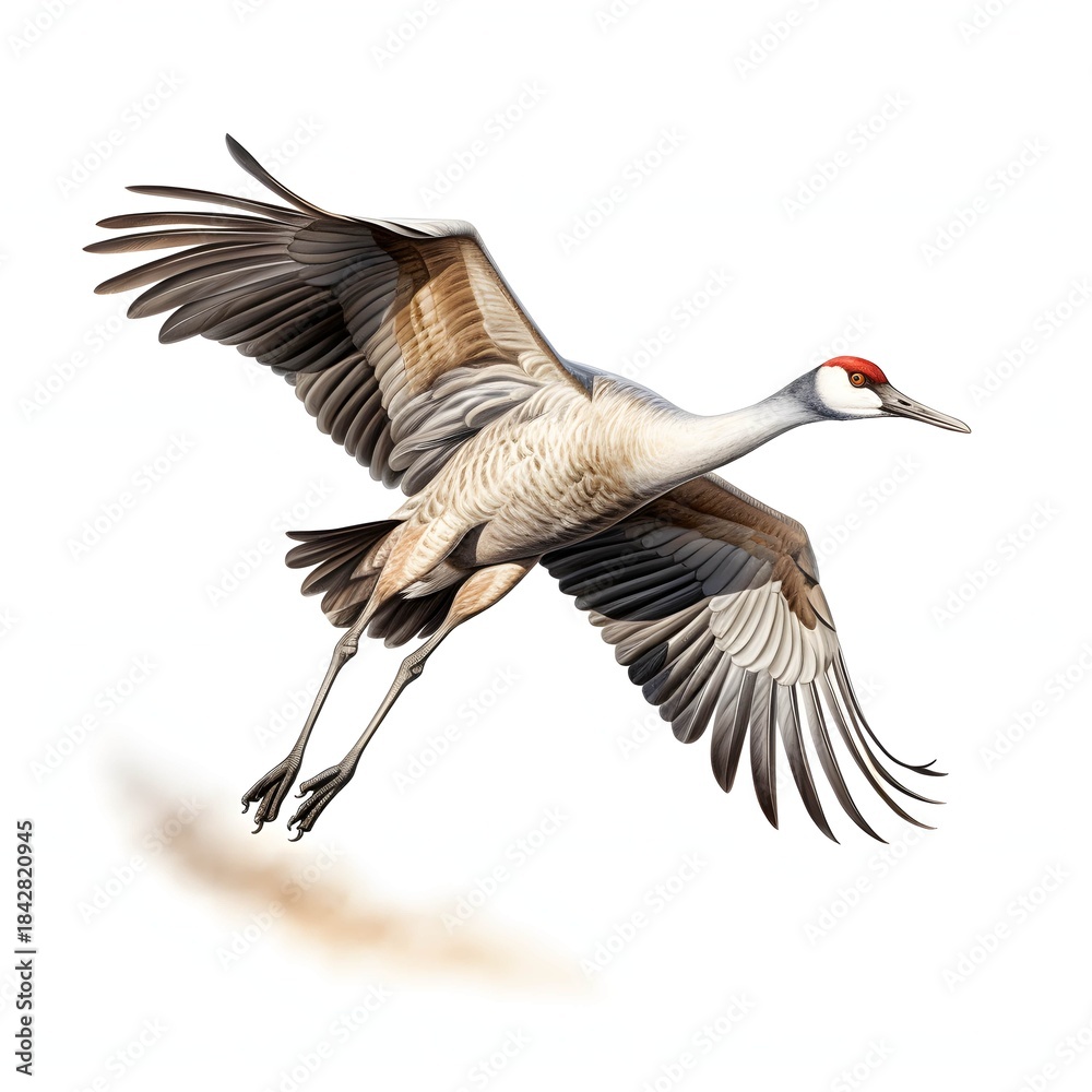 Obraz premium Sandhill crane soars gracefully through the air with its wings spread wide open
