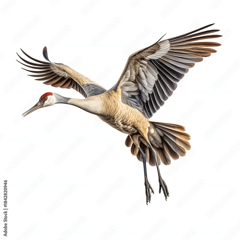 Fototapeta premium Sandhill crane takes flight with wings spread on a bright day