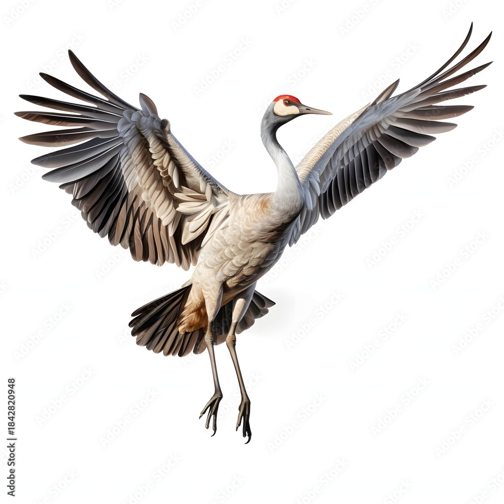 Fototapeta premium Majestic sandhill crane soars with grace on a white background
