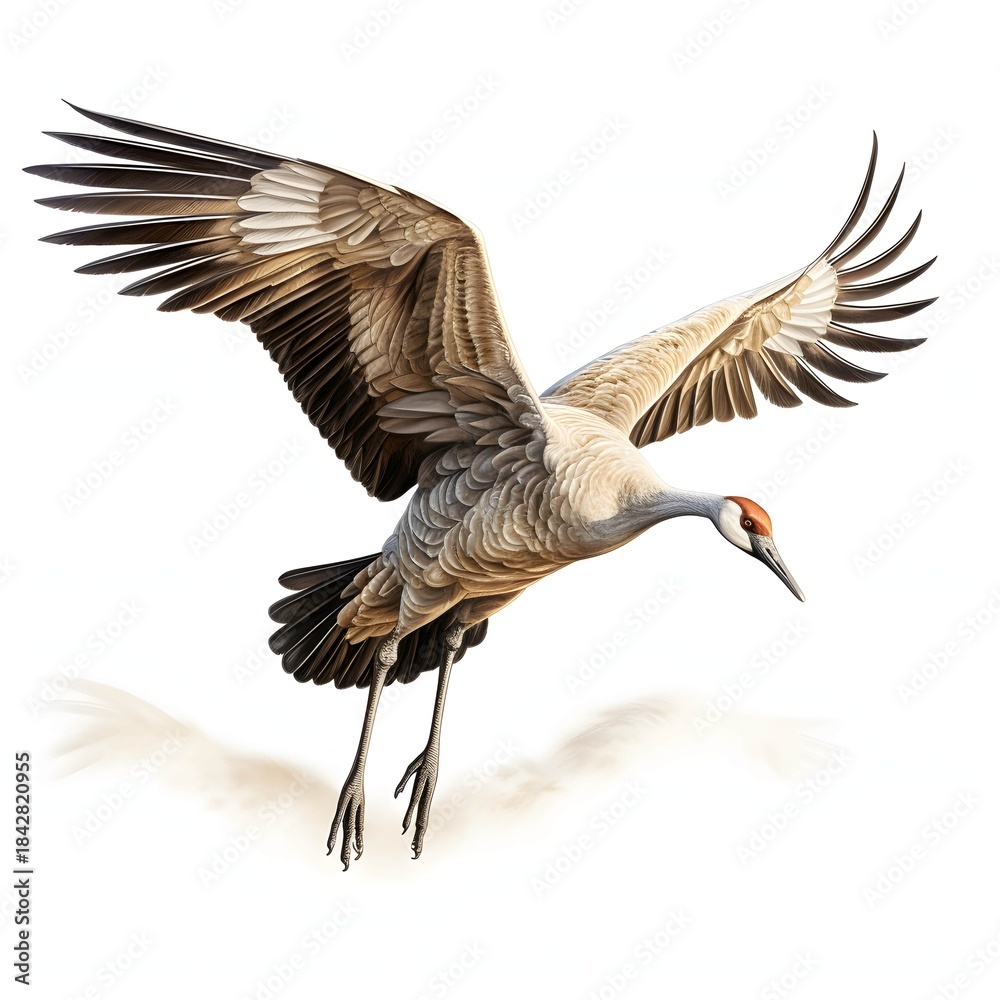 Fototapeta premium Elegant sandhill crane soaring with outstretched wings on white background