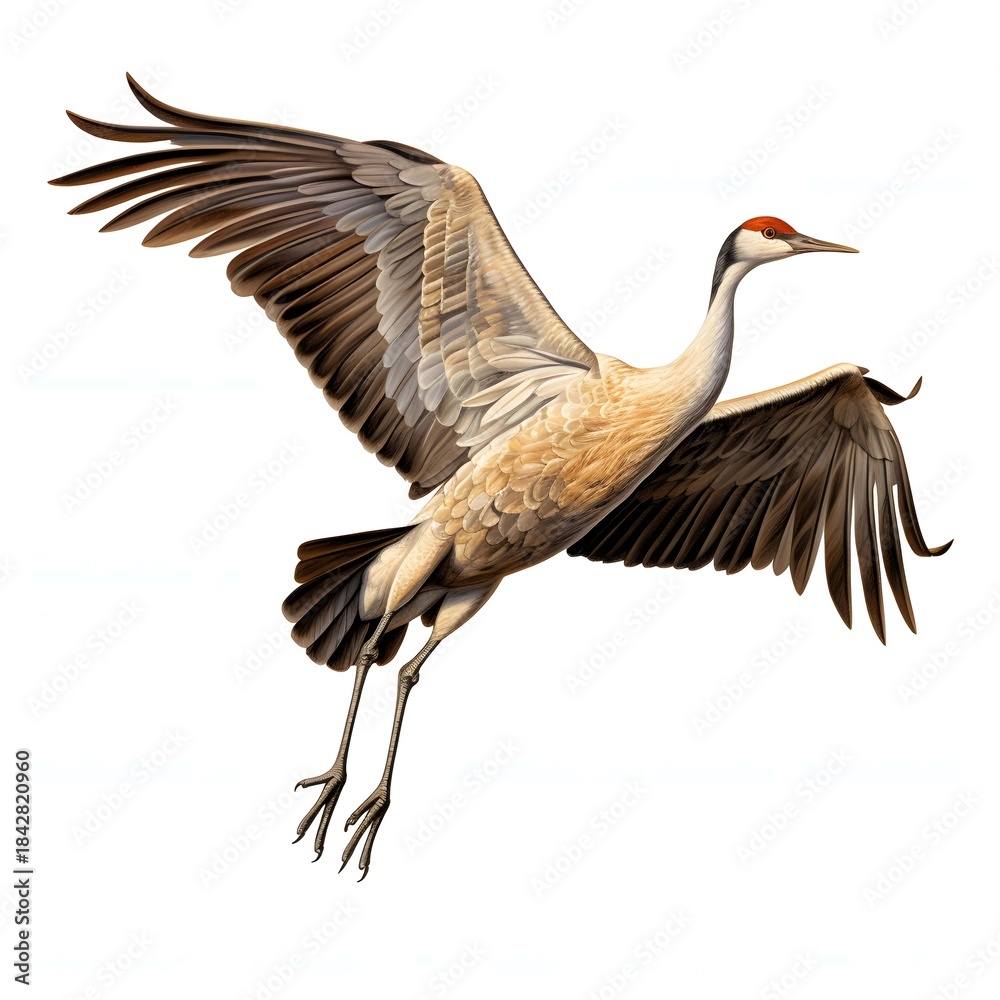 Obraz premium Illustration of a sandhill crane gracefully soaring through the air with its wings spread wide