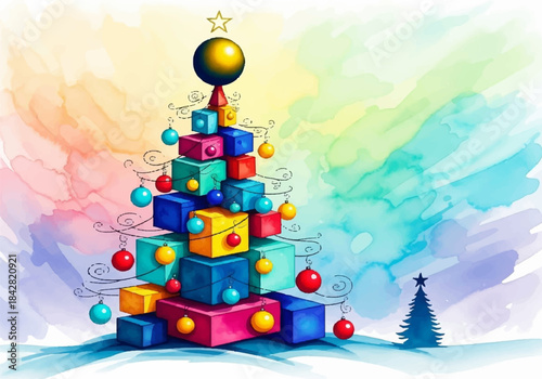 A vibrant watercolor illustration of a modern Christmas tree constructed from colorful stacked gift boxes and festive ornaments against a rainbow background.