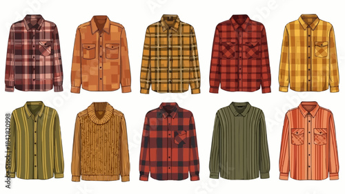 Collection of ten plaid flannel shirts displayed in two rows.