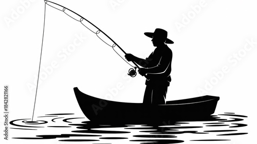 Black and white silhouette of fisherman in canoe on water, wide-brim hat, dynamic fishing rod, bold clean lines, high contrast, centered composition, minimalist waves, graphic illustration.