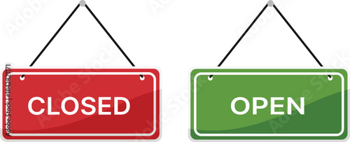 Red closed sign and green open sign hanging on white background