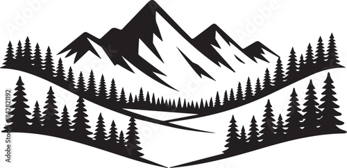 Majestic mountain range silhouette surrounded by pine trees and river landscape scene