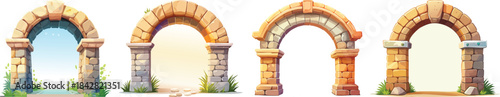 Medieval stone arch border featuring textured bricks and elegant ancient architectural frame in bold clean outline