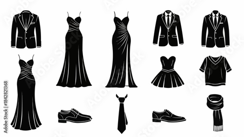 Collection of Elegant Black Formal Wear and Accessories for Men and Women.