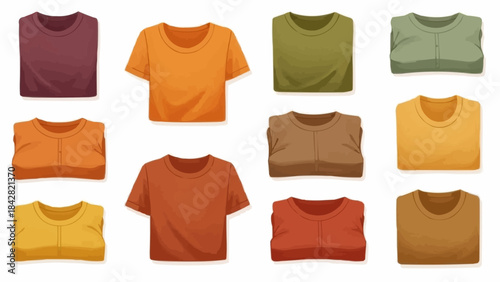 Collection of Folded T Shirts in Various Earthy Tones.