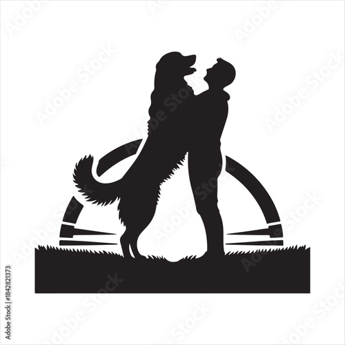 Golden Retriever Dog Hugging Owner at Sunset vector Silhouette outline logo design concept illustration