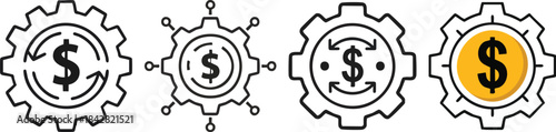 Money optimization outline icon showing gear with centered dollar symbol in bold minimal business design