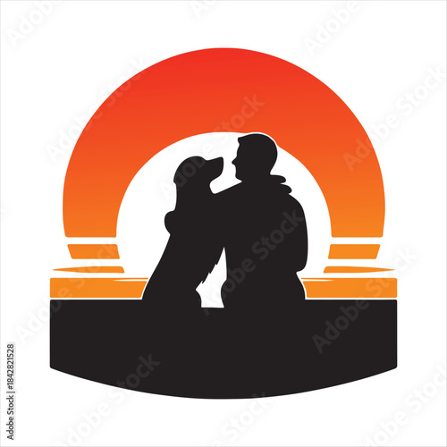 Golden Retriever Dog Hugging Owner at Sunset vector Silhouette outline logo design concept illustration