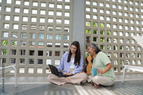Wallpaper Mural Happy family relaxing together at home outdoor with coffee Torontodigital.ca